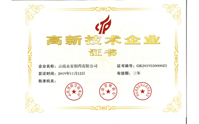 高新技术企业证书